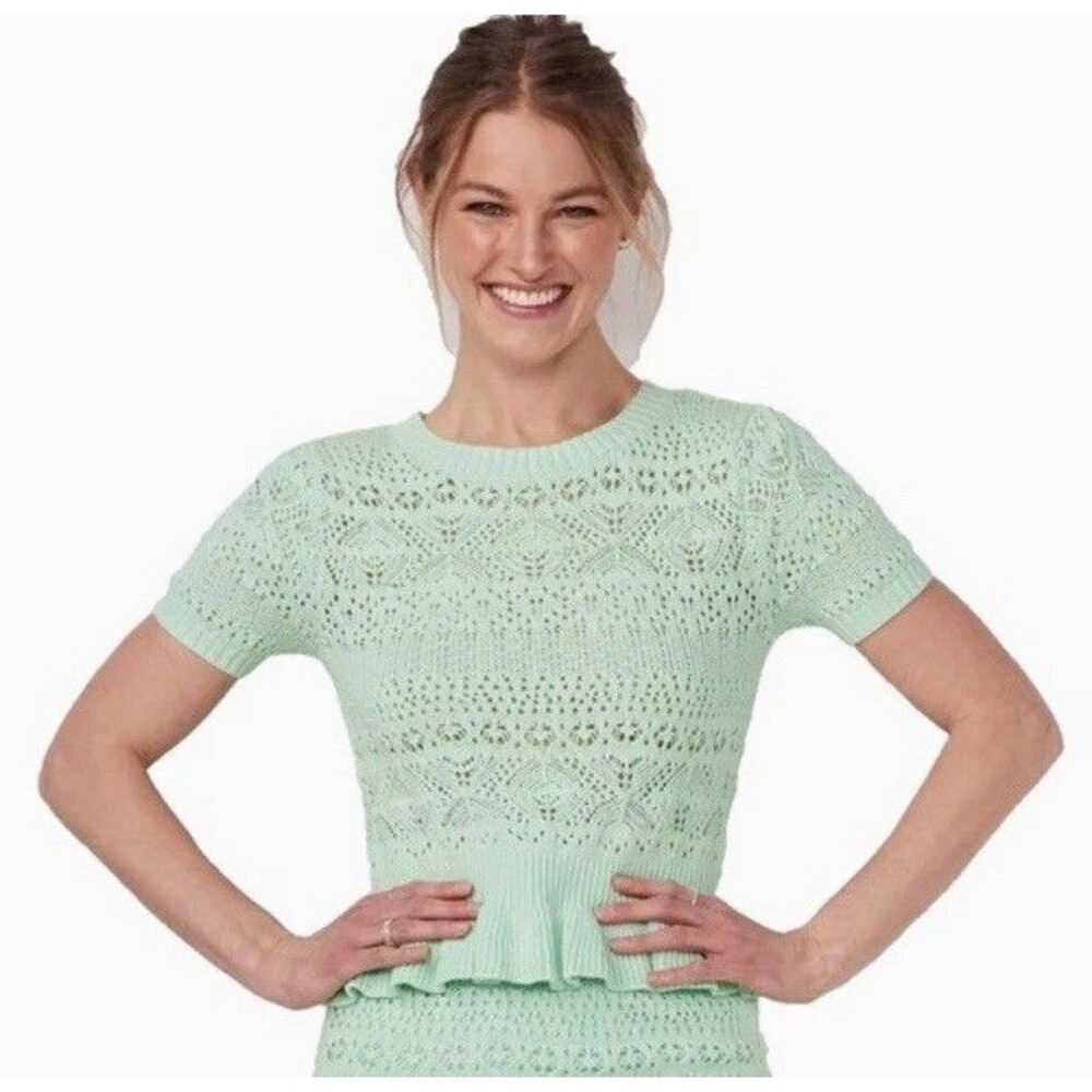 LC Lauren Conrad Open-Knit Ruffle Hem Crewneck Short Sleeve Sweater Green XXL